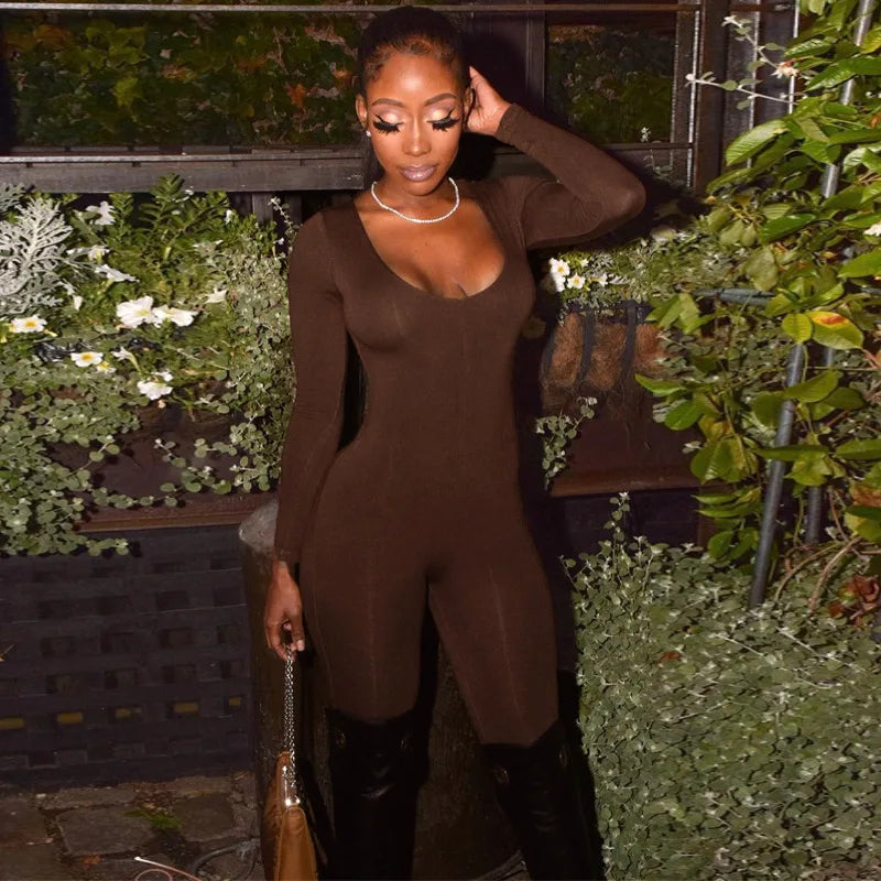 Women's Jumpsuit Bodycon Long Sleeve Fitness Romper Activity Playsuit Winter Basic Clothes Black White Brown Jumpsuits