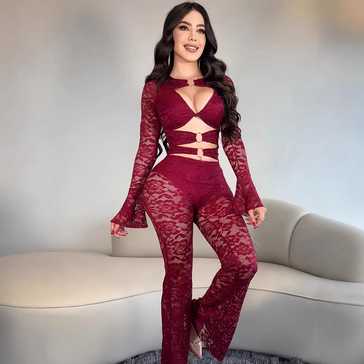 Sexy Deep V Ring Buckle Strap Flared Sleeve Bodycon Jumpsuits for Party Evening Dress