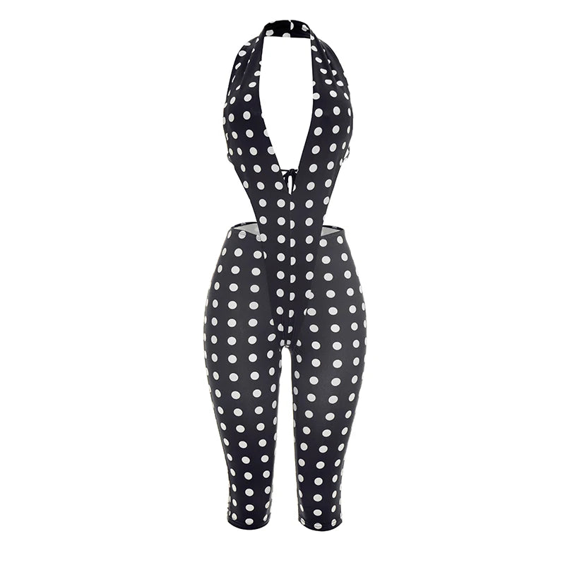 Kliou Polka Dot Print Playsuits Women Halter Low-Neck Lace-UP Backless Skinny Peach Hip Hot Girls Sexy Fashion Classic Rompers