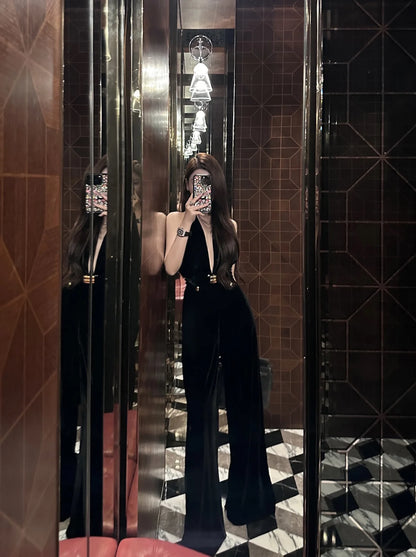 Vintage Luxury High-end Black Jumpsuits Metal Button Slim Sexy V-neck Hang Neck One-piece Pants Women Party Dresses Backless New