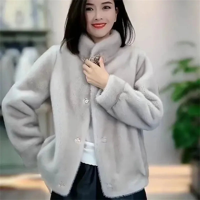 Middle Aged Mother's Clothing Autumn Winter Fashion Mink Fur Fur One-Piece Short Style Stand Collar Fur Jacket Female Warm Coat