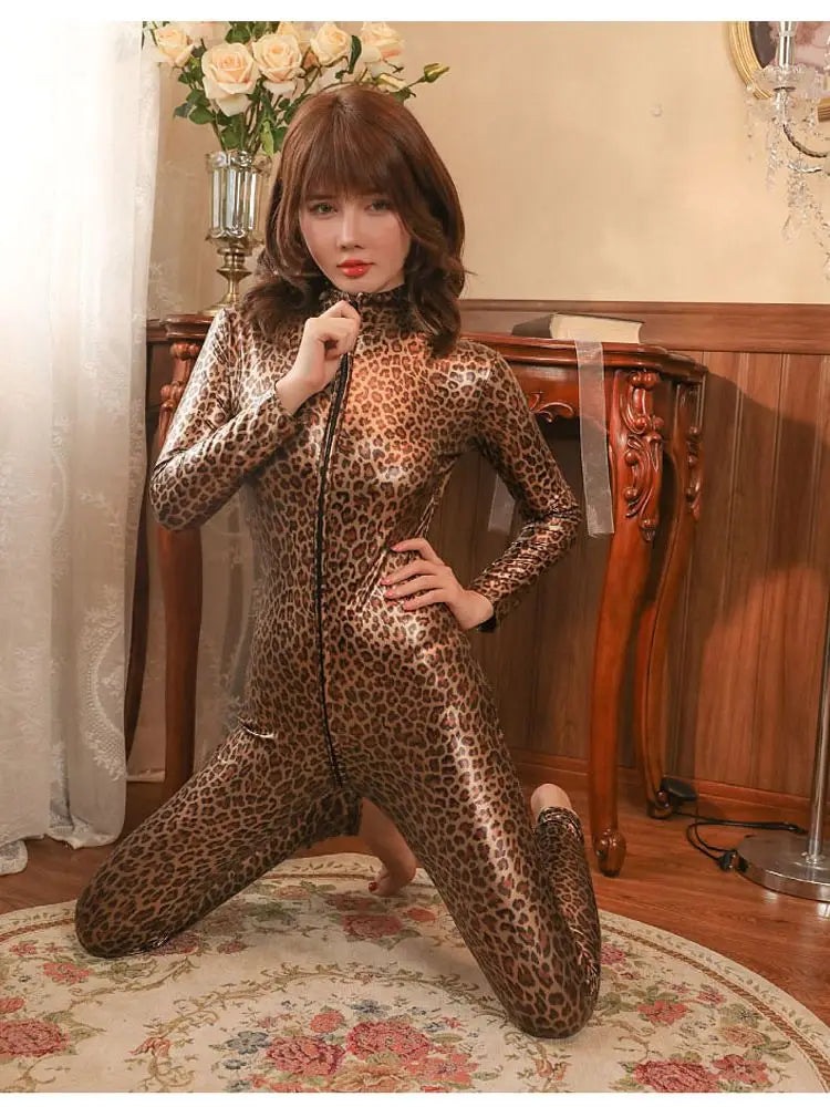 Long Sleeve Shiny PU Leather Catsuit Two Way Zipper Open Crotch Bodysuit Tights Cosplay Leotard Conjoined Sexy Clubwear Jumpsuit