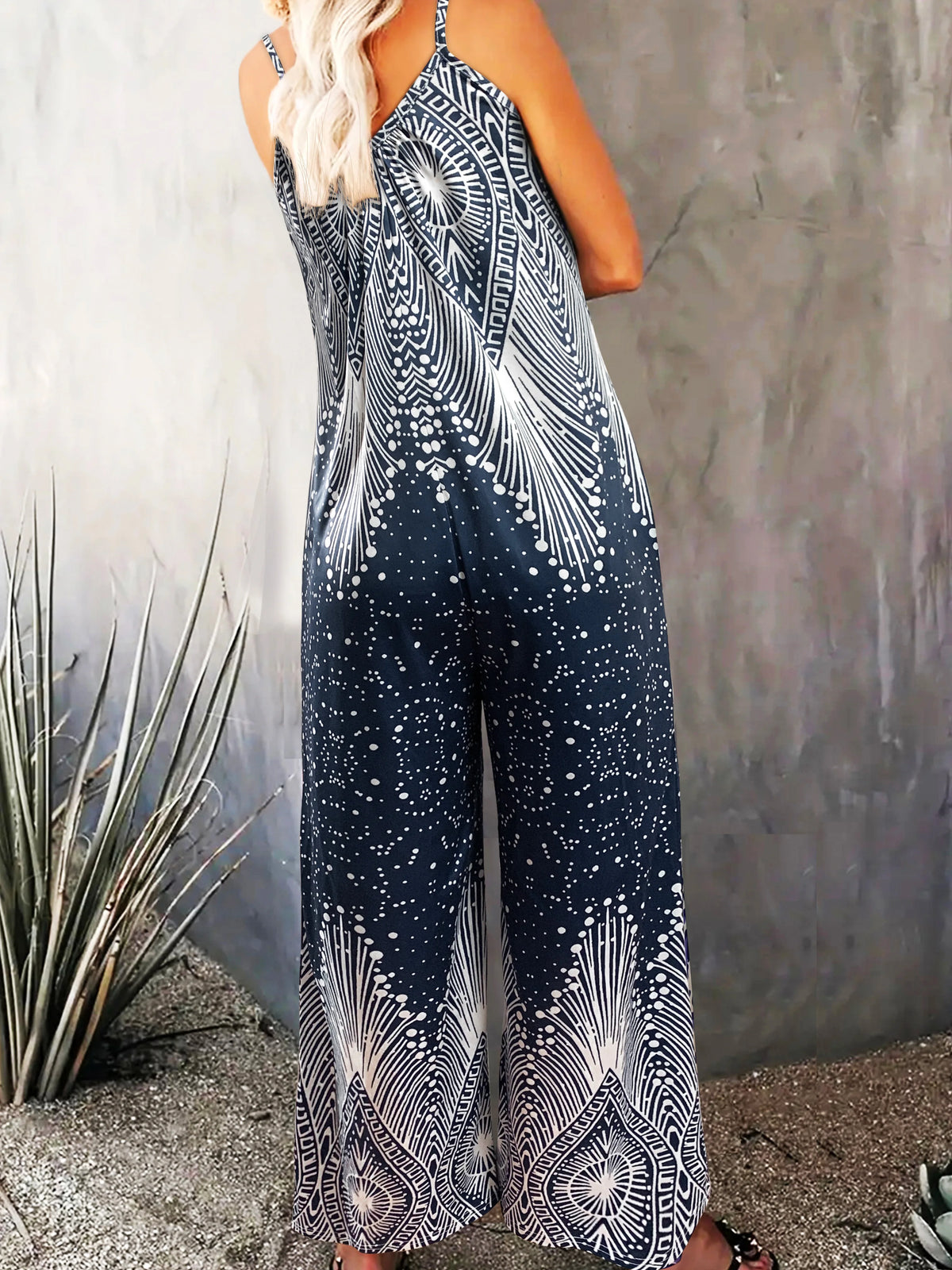 Women's Off the Shoulder Slingback Long Length Drawings Print Jumpsuit-Fall Sleeveless Jumpsuit For holiday outfits women