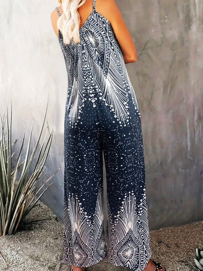 Women's Off the Shoulder Slingback Long Length Drawings Print Jumpsuit-Fall Sleeveless Jumpsuit For holiday outfits women