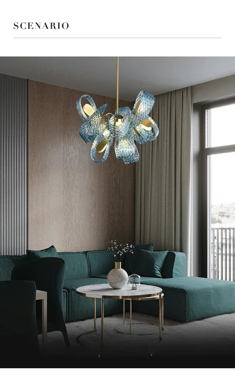 Modern Blue Glass Led Pendant Lamp Copper Designer Hanging Chandeliers for Living Room Bar Bedroom Suspension lustre Lights