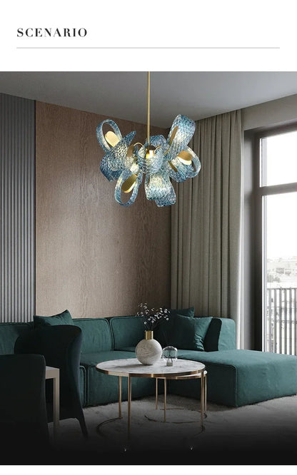 Modern Blue Glass Led Pendant Lamp Copper Designer Hanging Chandeliers for Living Room Bar Bedroom Suspension lustre Lights