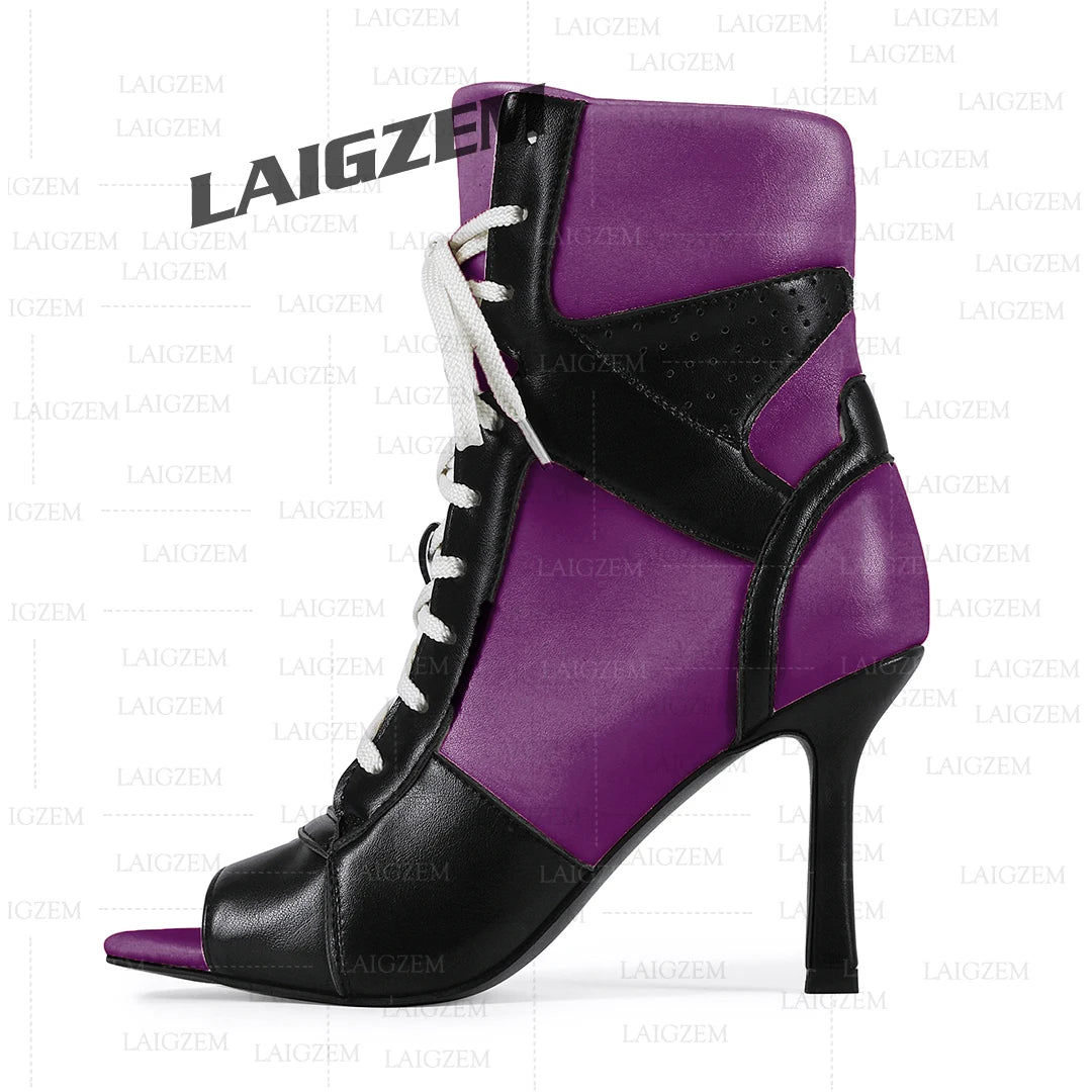 LAIGZEM Women Ankle Boots Patchwork Peep Toe Thin High Heels Boots Lace up Short Boos Ladies Handmade Shoes Woman Size 39 41 43