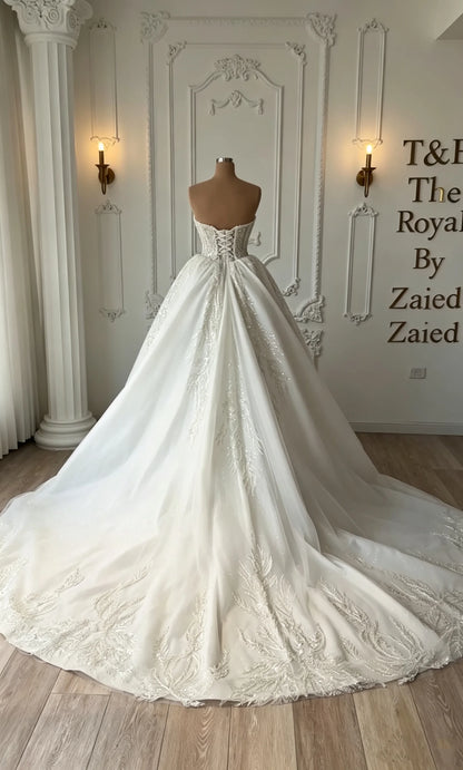 Luxurious Sparkling Sweetheart Feather Beaded Prom Dresses Satin Tulle A-line Wedding Dress Church Train Bride Dress Customized