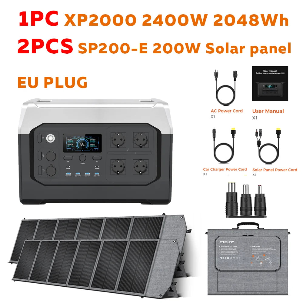 CTOLITY XP2000 Power Station 2400W 2048Wh 640000mAh & 2PCS SP200-E 200W Foldable Solar Panel, LiFePO4 Outdoor Emergency Supply