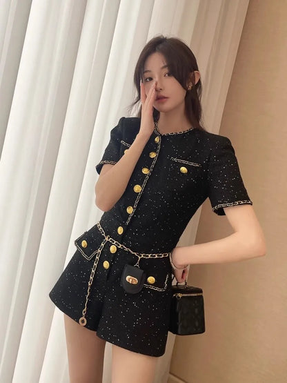 French Style Women Short Sleeve One Piece Tweed Playsuit O Neck Single Breasted Elegant Ladies Slim Fit Jumpsuit Casual Rompers