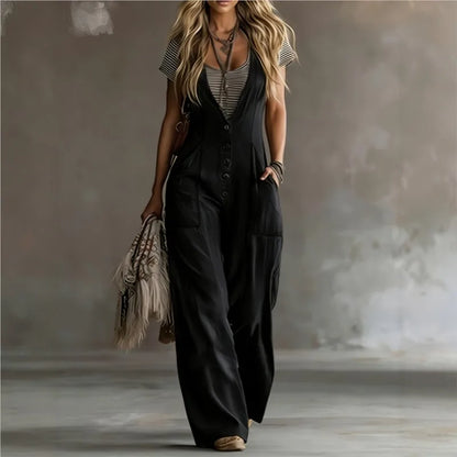 Women's Solid Color Jumpsuit Summer Fashion V-neck Button Semi Open Design Loose Jumpsuits With Pocket Ladies Office Overalls