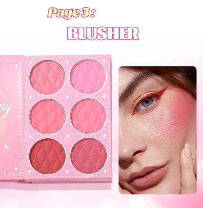 All-in-One 5-Page Makeup Magic Book: Full Kit with Multi-Shade Eyeshadow, Blush, Highlighter, Contour & Glossy Lip Gloss