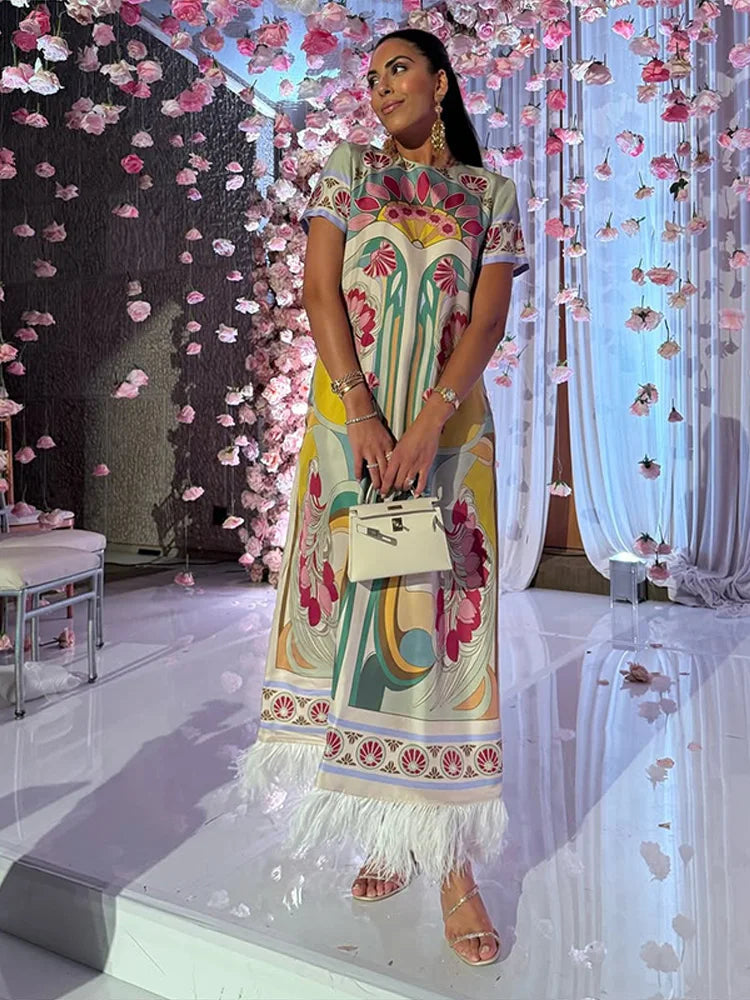 Women Art Floral Print Feather Hem Maxi Dress Short Sleeve Crew Neck Loose Fit Dresses 2026 Summer Fashion Elegant Lady Outwear