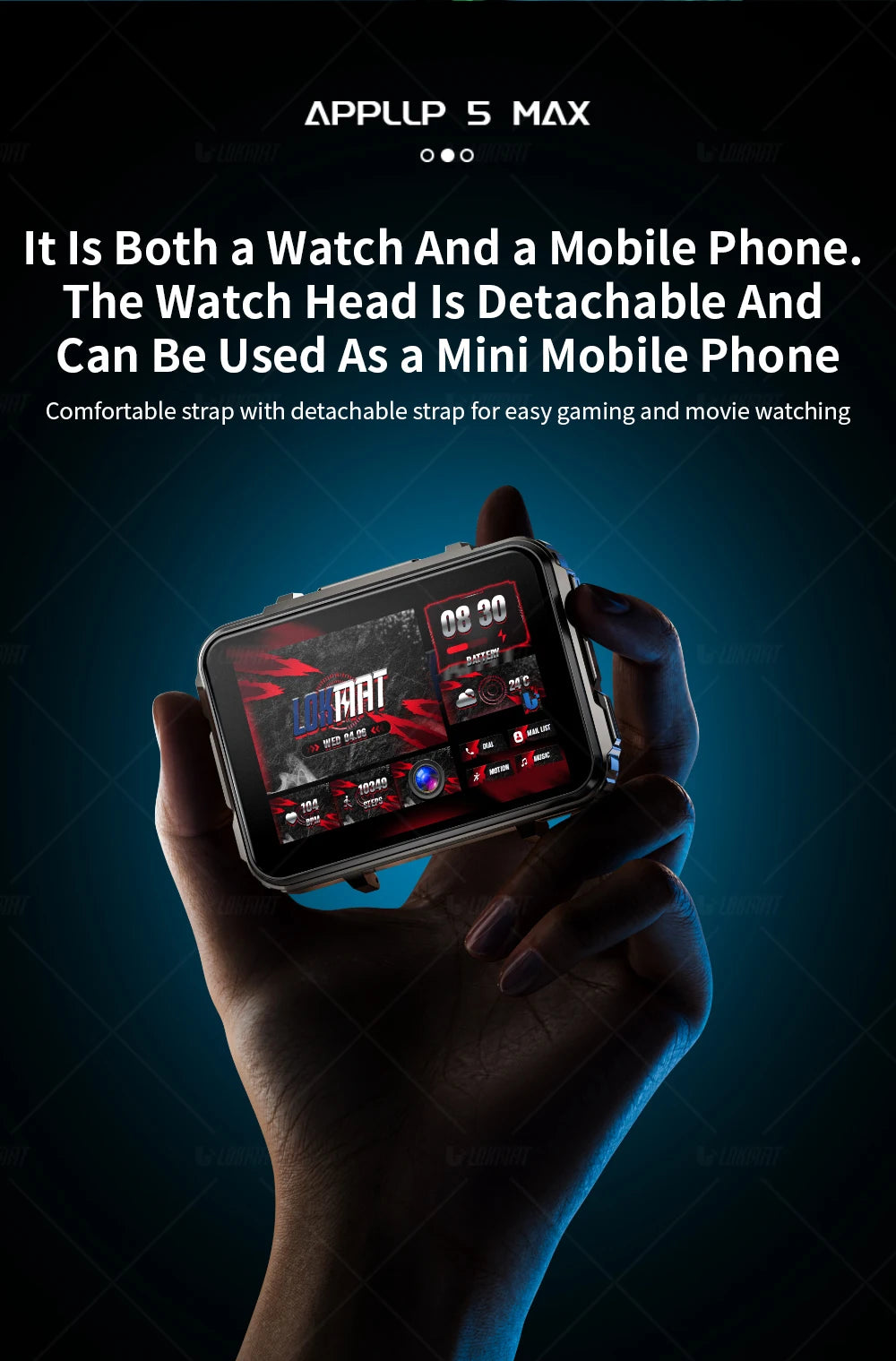 LOKMAT APPLLP 5 MAX  Android Watch Phone Square Big Screen Wifi 4G Calls Smartwatches Dual Camera with Flashlight Gaming Watch