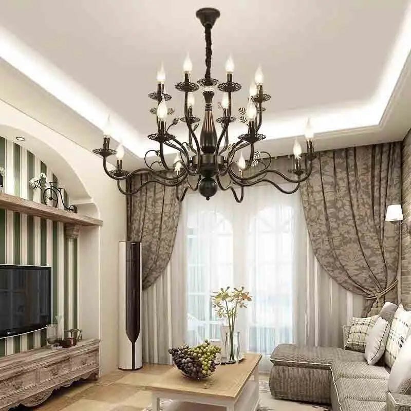 2022 modern black/gold wrought iron candle light retro Europe and America 6 12 16 lights chandelier dining room chandelier