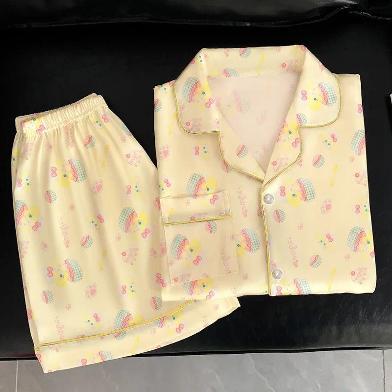 Women's Pajamas Sweet Cute Print Casual Pajama Set Short Sleeve Button Lapel Top & Pants Comfortable Relaxed Summer Nightwear