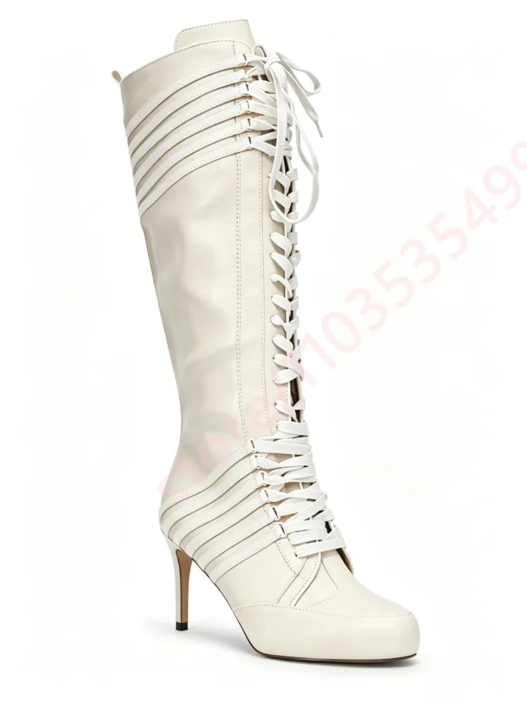 2026 New Black Red Color Block Striped Knee High Boots Women Full Lace Up Thin Stiletto High Heel Fashion Streetwear Long Boots