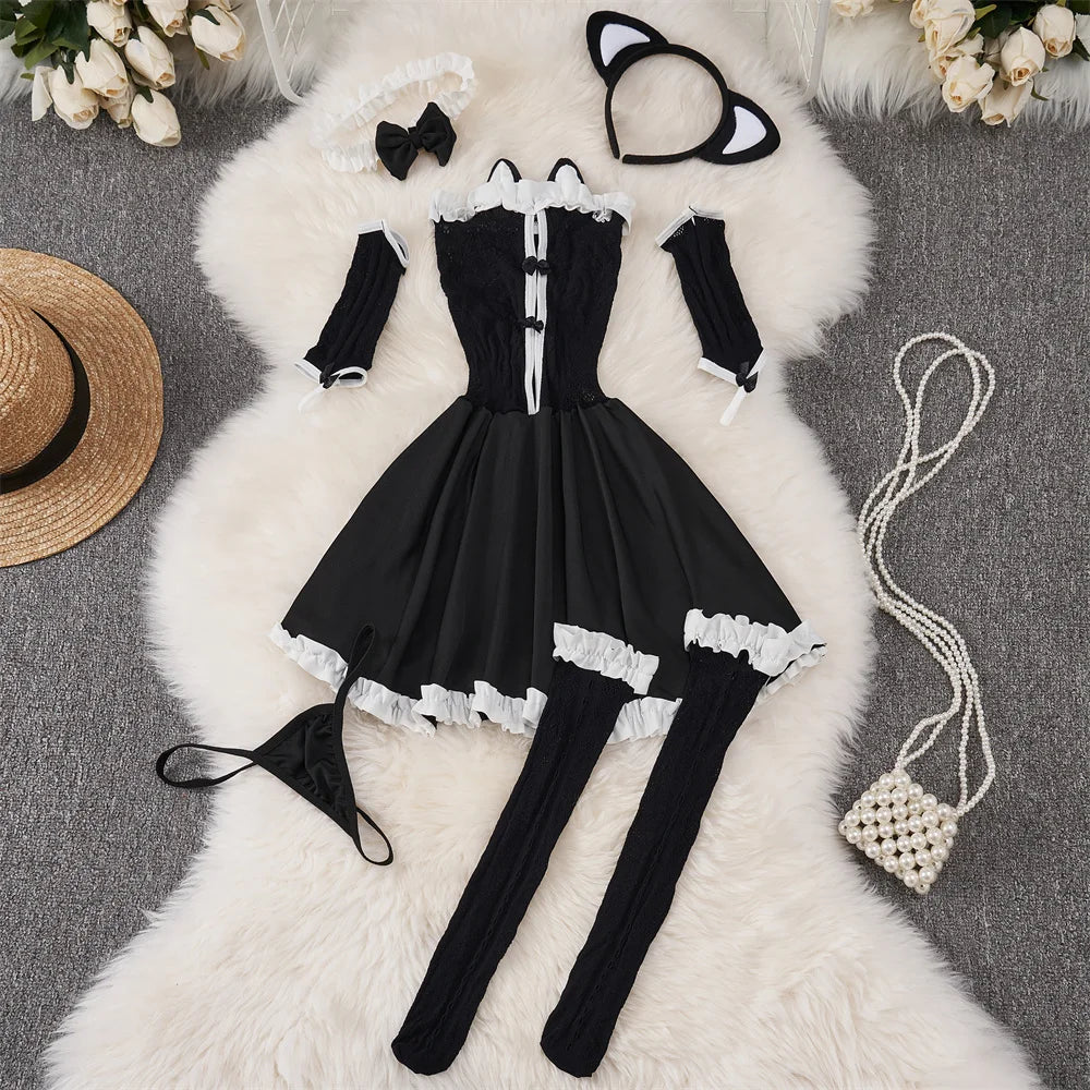 Cute Sweet Trend Cartoon Printed Jumpsuit Half High Collar Sleeveless Slim Fit Lingerie Bodycon Bodysuit Rompers Pajama Catsuits