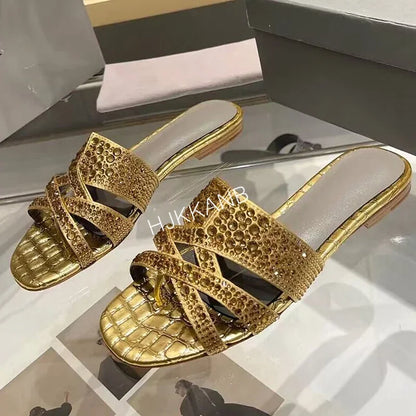 Summer New Luxury Rhinestone Decor Flat Slippers Women's Open Toe Hollow Out Casual Sandals Outdoor Vacation Beach Shoes 2024