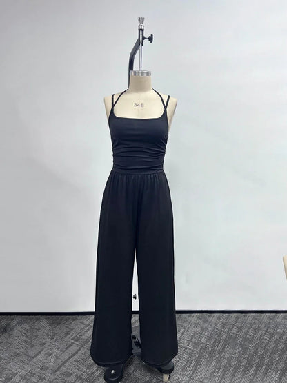 Women Halter Spaghetti Strap Jumpsuits Summer Casual Elastic High Waist Backless Wide Leg Long Pants Romper Club Party Overalls