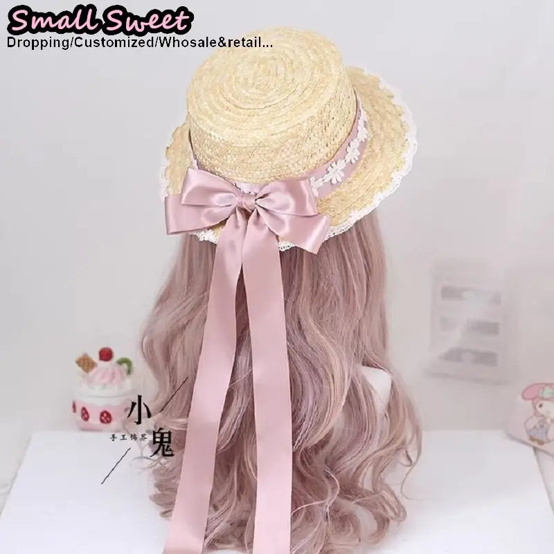 Small Sweet Store Lolita Straw Hat Lolita Princess Lace Bow Ribbon Straw Hat Women Girls Summer Straw Hats Beach Sun Hat