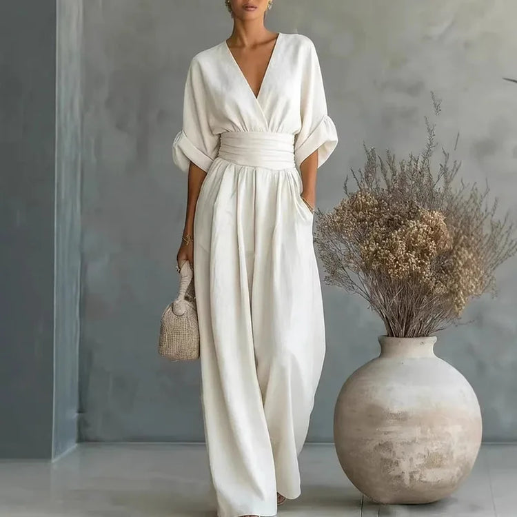 2026 Women V Neck Waist Wide Leg Jumpsuit Casual Elegant Summer One Piece