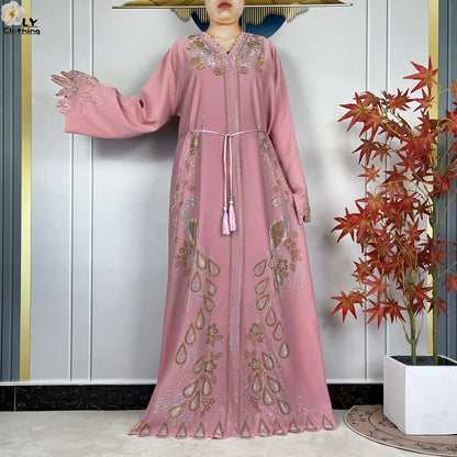 New Style Fashion Dubai Muslim Women Dress Elegant Arabic Femme Hijab Long Sleeve Chiffon Diamond Abaya Islamic Turkey Clothing