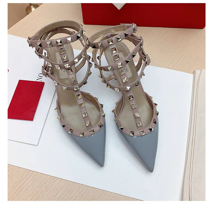 Women's Gladiator Sandals Summer 2026 Rivet High-heeled Three Straps Real Leather Ankle Luxury Brand Designer Pumps Ladies Shoes