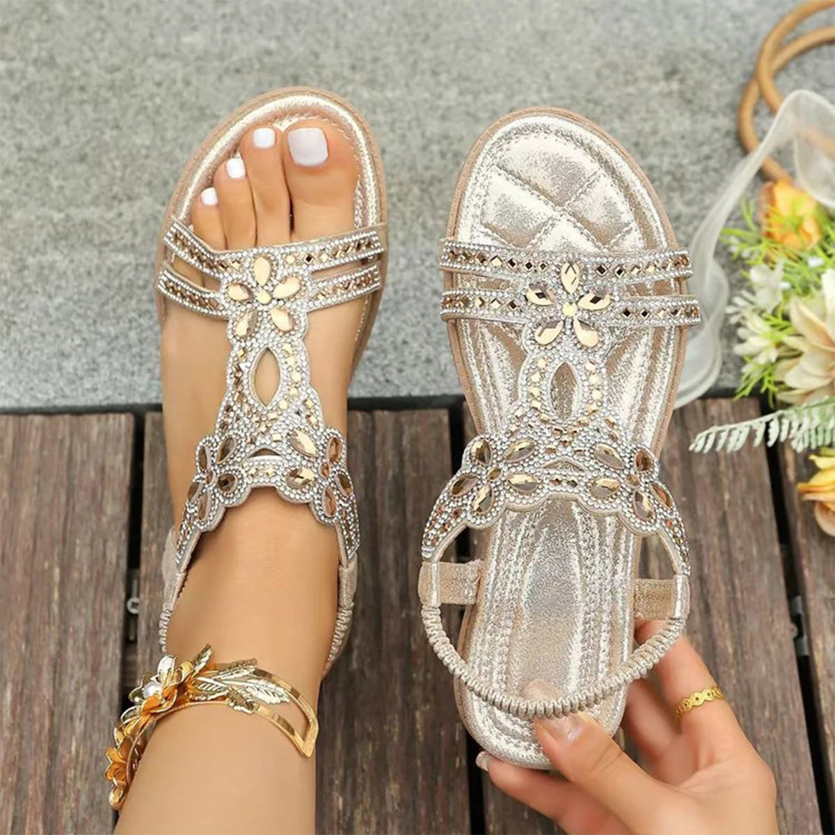 Red Rhineston Floral Elastic Band Sandals for Woman Luxury Crystal Bohemian Vacation Slippers Women Wedge Plus Size 36-43 Shoes