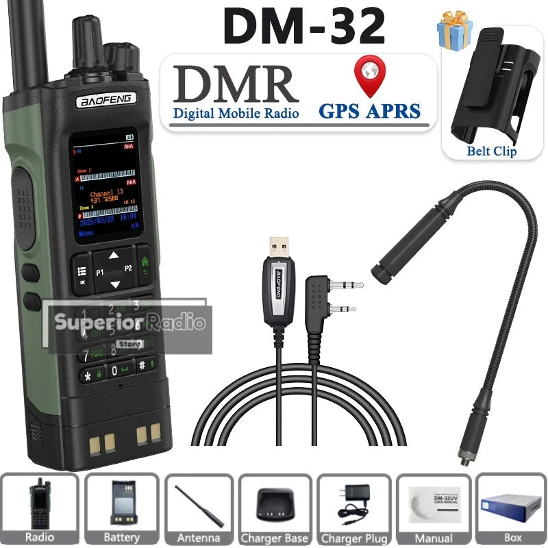 BAOFENG DM-32 Walkie Talkie with Belt Clip Hoster DMR Digital Radio GPS APRS Dual Mode Analog 999 Channel Type-C Dual Time Slots
