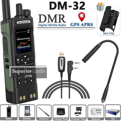 BAOFENG DM-32 Walkie Talkie with Belt Clip Hoster DMR Digital Radio GPS APRS Dual Mode Analog 999 Channel Type-C Dual Time Slots
