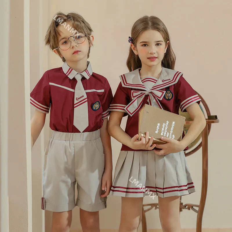 Kid Korean Japanese Striped School Uniform for Girls Boys Sailor Collar T Shirt Pleated Skirt Shorts Bow Clothes Student Outfit