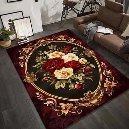 Retro Floral Area Rug Luxury Red White Rose Design Floor Mat for Entryway Bedroom Living Room Non-Patchwork Large Size Carpet