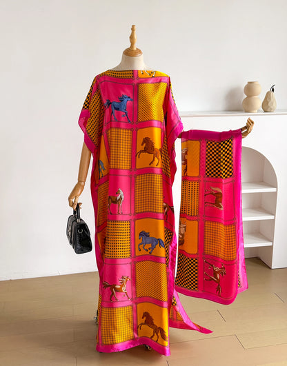 Elegant Printed Silk Muslim Lady Kaftan Dress Summer New Fashion African Long Hijab Kuwait Abaya Oversize for Women 2026