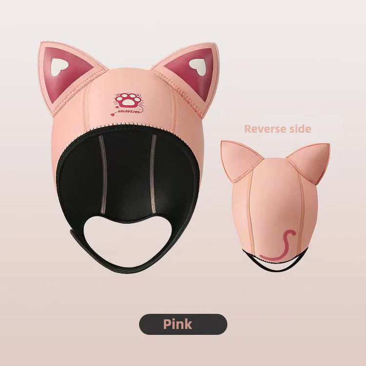 Cool Cute Cat Ears Diving Hood 3mm Neoprene Women Snorkel Scuba Cap w/ Adjustable Chin Strap,Thermal for Surfing & Water Sports