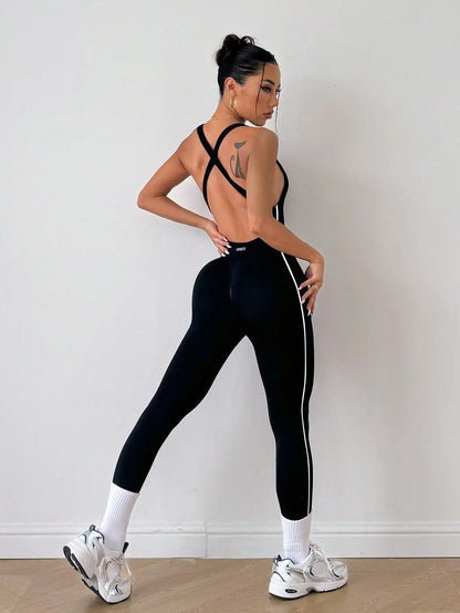 Cross shoulder strap pants jumpsuit yoga suit fitness suit threaded jumpsuit seamless exercise quick drying yoga jumpsuit