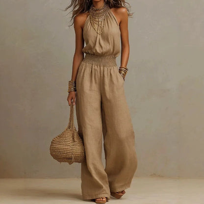 Women's Halter Neck Smocked Linen Blend Jumpsuit Waist Wide Leg Long Romper Casual Sleeveless Summer Beach Vacation Jumpsuits