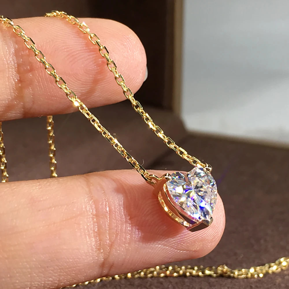 Real 14K Solid Gold Women Pendants Necklaces 1 2 3 4 5 Carat Heart Moissanite Diamond Wedding Party Pendants Necklaces