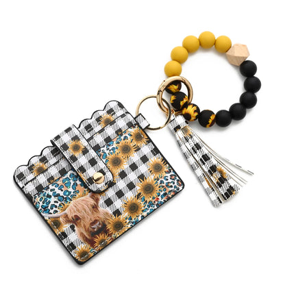 Bull Silicone Beads Bracelet Pu Leather Purse Leopard Print Tassel Cow Wallet Keychain Silicone Beaded ID Card Holder Keychain