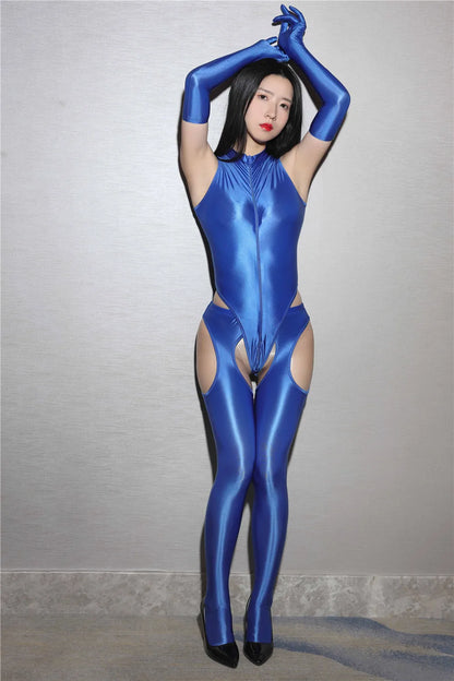 Sexy Women Hollow Out High Cut Bodysuit Oil Glossy Shiny Dance Tights Wet Look Yoga Shaping Leotard  Elastic Bodycon Rompers