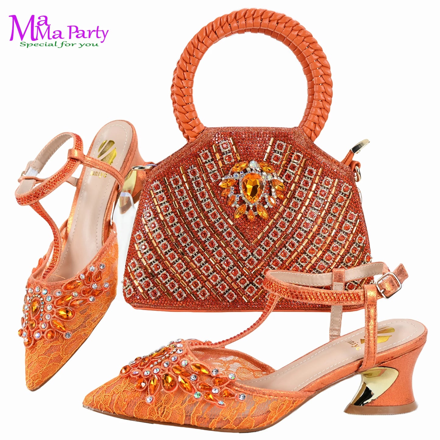Gold Color New Arrivals Italian Design Nigerian Women Shoes and Bag Set Pointed Toe Slipper with Shinning Crystal for Party