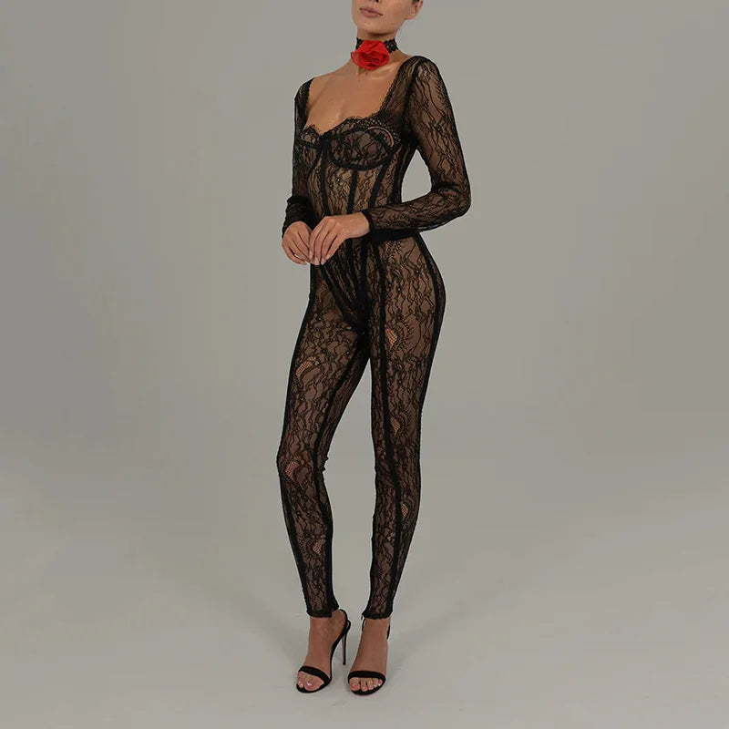 Cryptographic Sheer Lace Hollow Out Sexy Jumpsuits Zip Up Backless Outfits Women Unitards Square Neck Romper Overalls One Piece