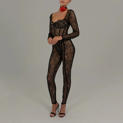Cryptographic Sheer Lace Hollow Out Sexy Jumpsuits Zip Up Backless Outfits Women Unitards Square Neck Romper Overalls One Piece