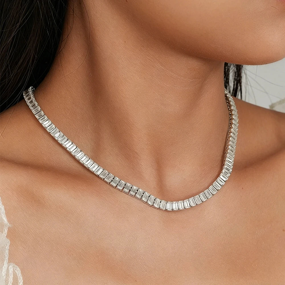 Emerald Cut All Moissanite Tennis Necklace For Women S925 Silver Lab Diamond Choker Hypoallergenic Unisex Fine Jewelry for Party