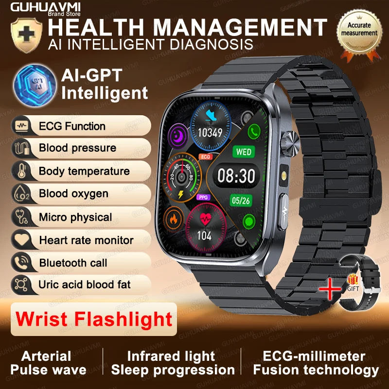 2026New ECG+PPG Clock Health Trackr 2.0 inch Uric Acid Blood lipids Pressure Smart Watch Body Analysis Voice call Smartwatch Men