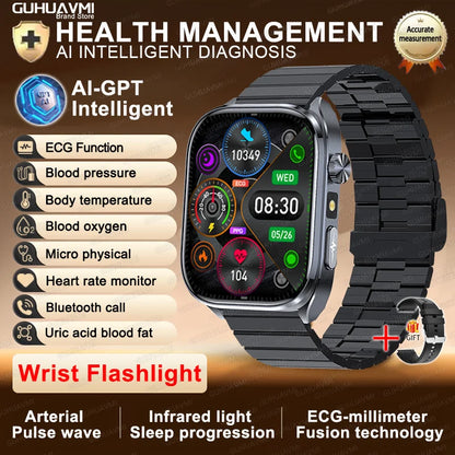 2026New ECG+PPG Clock Health Trackr 2.0 inch Uric Acid Blood lipids Pressure Smart Watch Body Analysis Voice call Smartwatch Men