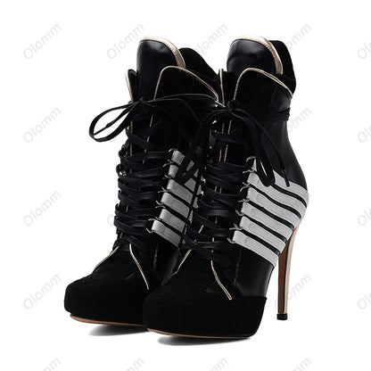 Ronticool Handmade Women's Winter Ankle Boots Lace Up Stiletto High Heels Round Toe Black Party Shoes Ladies US Size 5-20