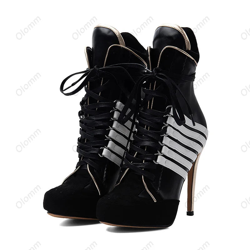 Ronticool Handmade Women's Winter Ankle Boots Lace Up Stiletto High Heels Round Toe Black Party Shoes Ladies US Size 5-20