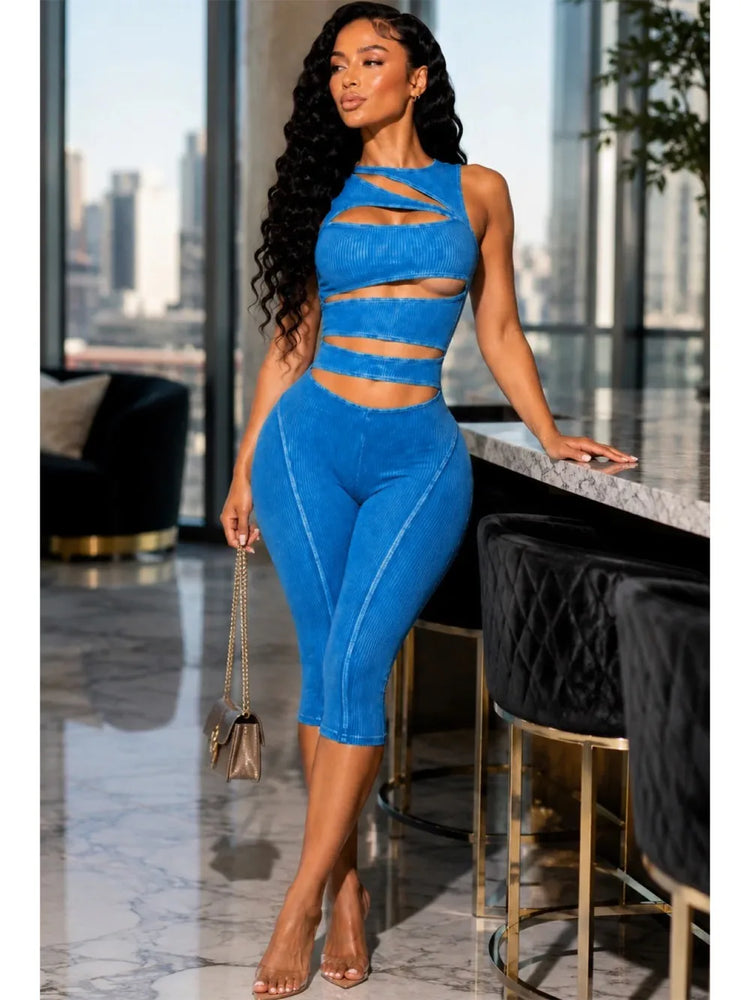 FLARORA Fashion Ribber Knitted Capri Jumpsuits Woman Sexy Hollow Out O-neck Sleeveless Zipper Skinny Playsuits Hottie Streetwear