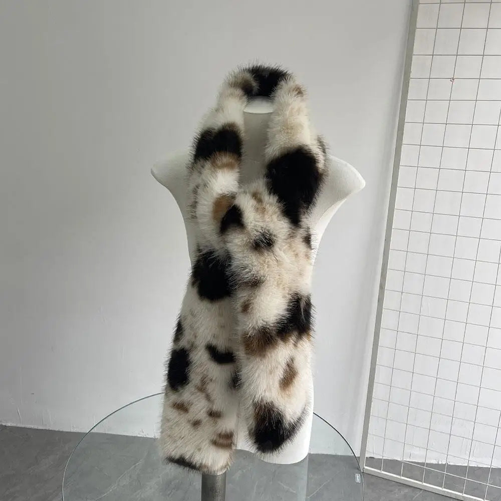 Korean Leopard Print Long Fur Scarfs Winter Y2K Vintage Warm Plush Scarf Fashion Thickened Lengthened Faux Fur Shawl Streetwear